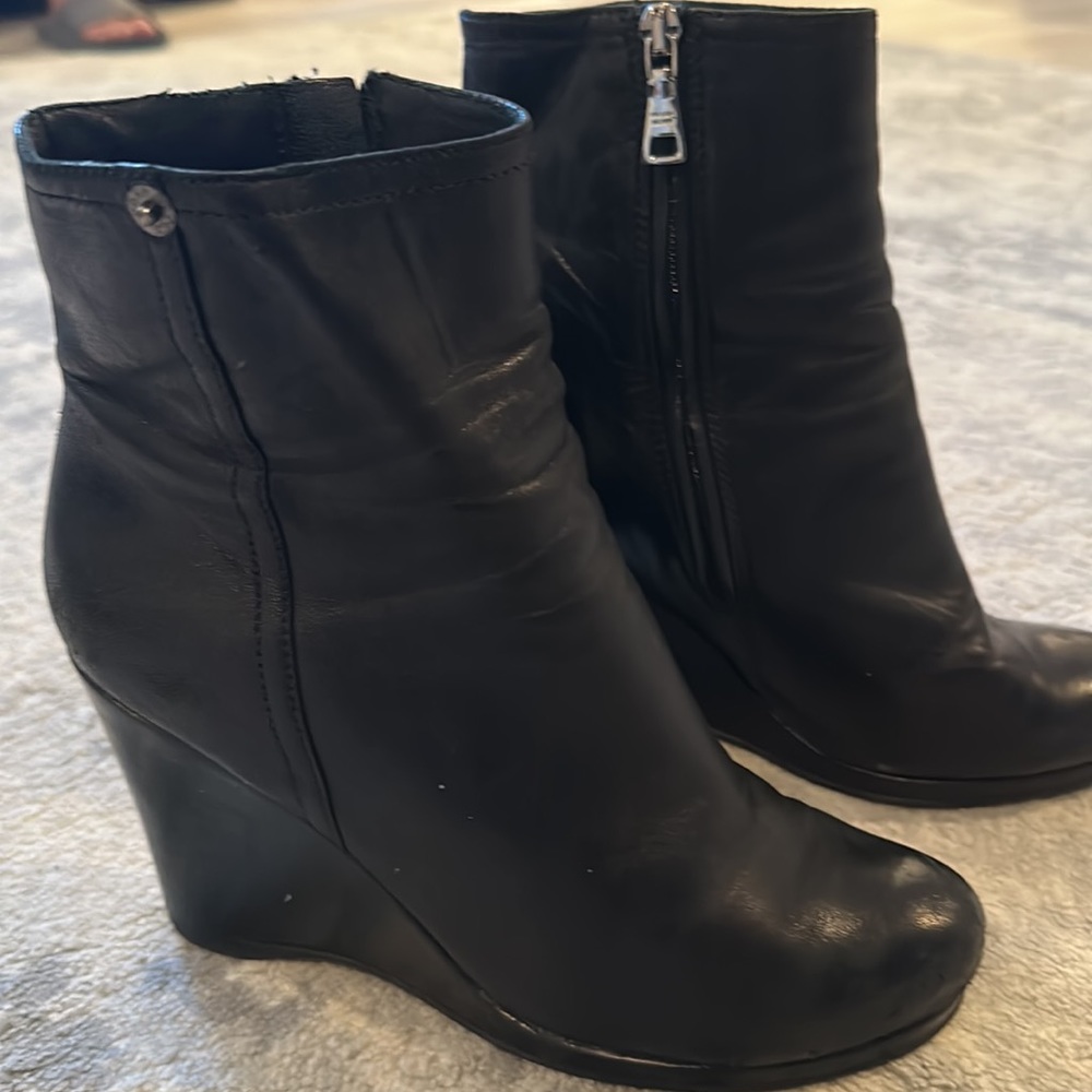 Prada wedge boot, black leather, inner side zip closure, size 37.5 EU